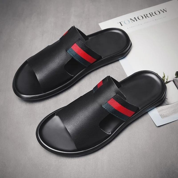MEN'S GENUINE LEATHER STRIPED FRONT SLIPPERZ